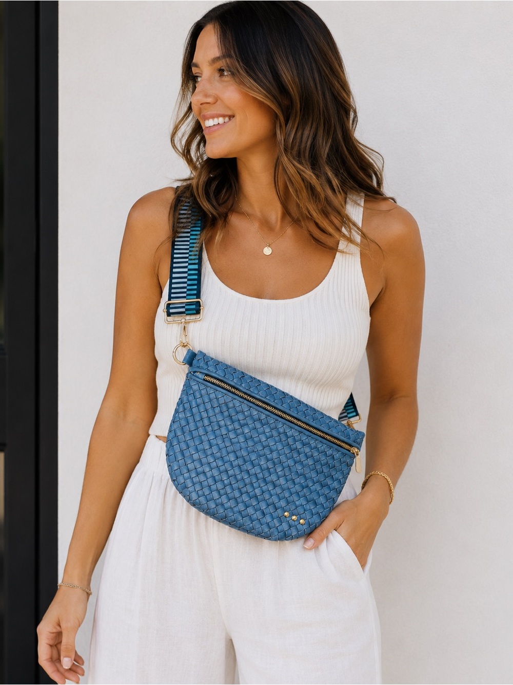 Pretty Simple Westlyn Woven Bum Bag Vegan Leather Denim Blue High Quality